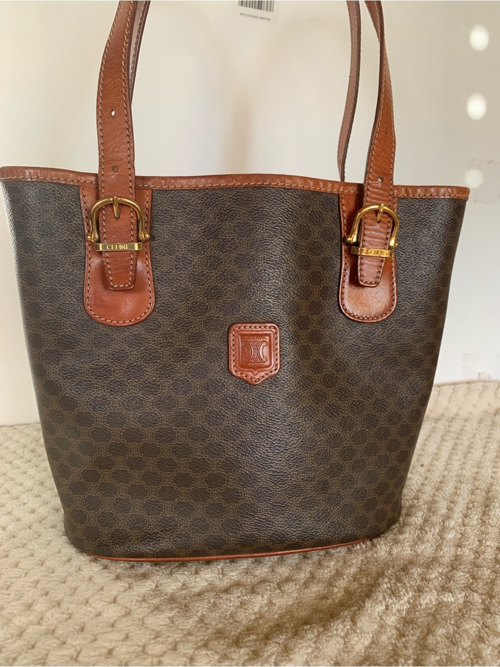 Celine Brown Macadam Pattern Tote with Tan Leather Trim